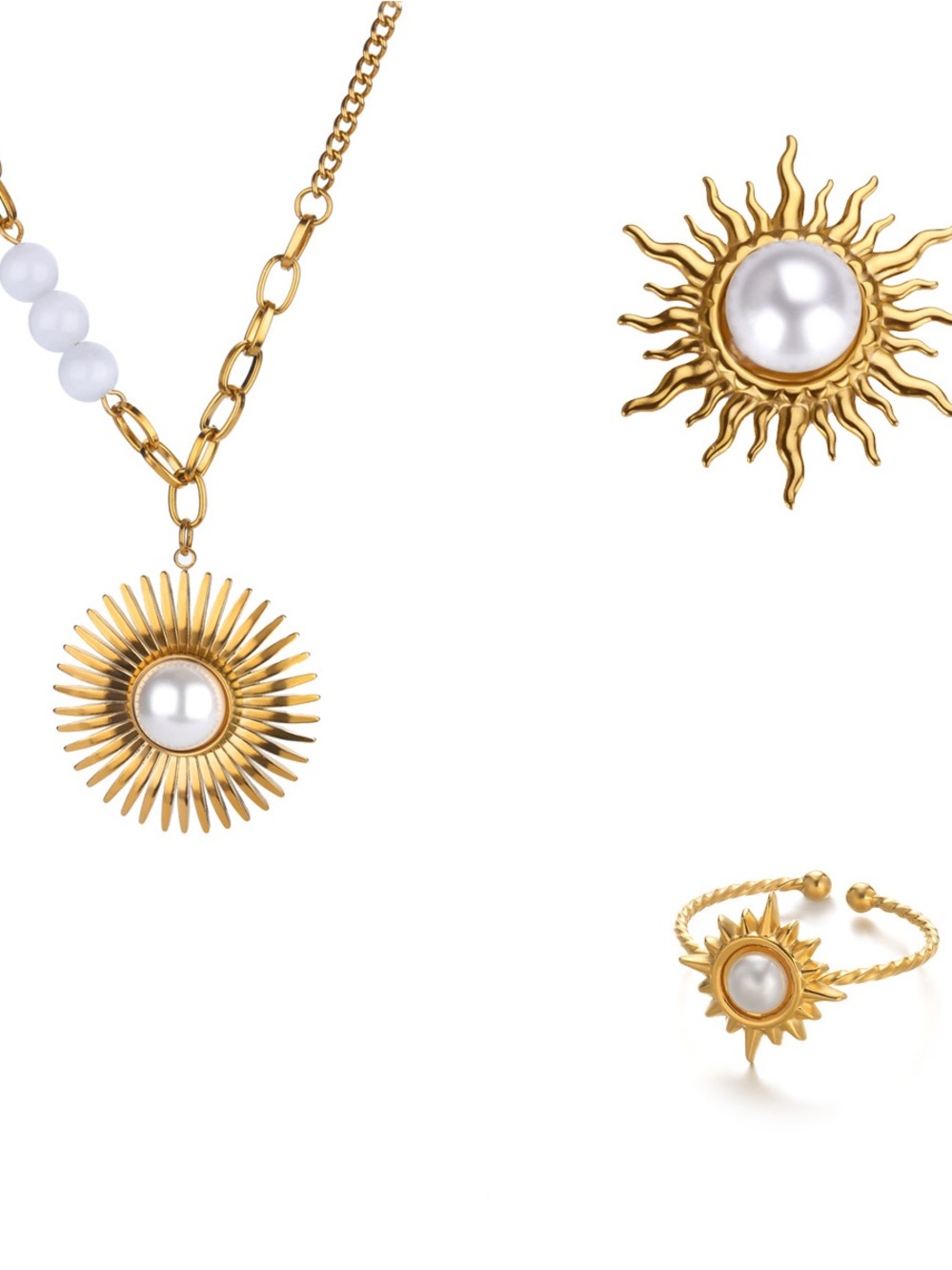 Gold Sunburst Pearl Necklace and Ring Set - Women Jewelry